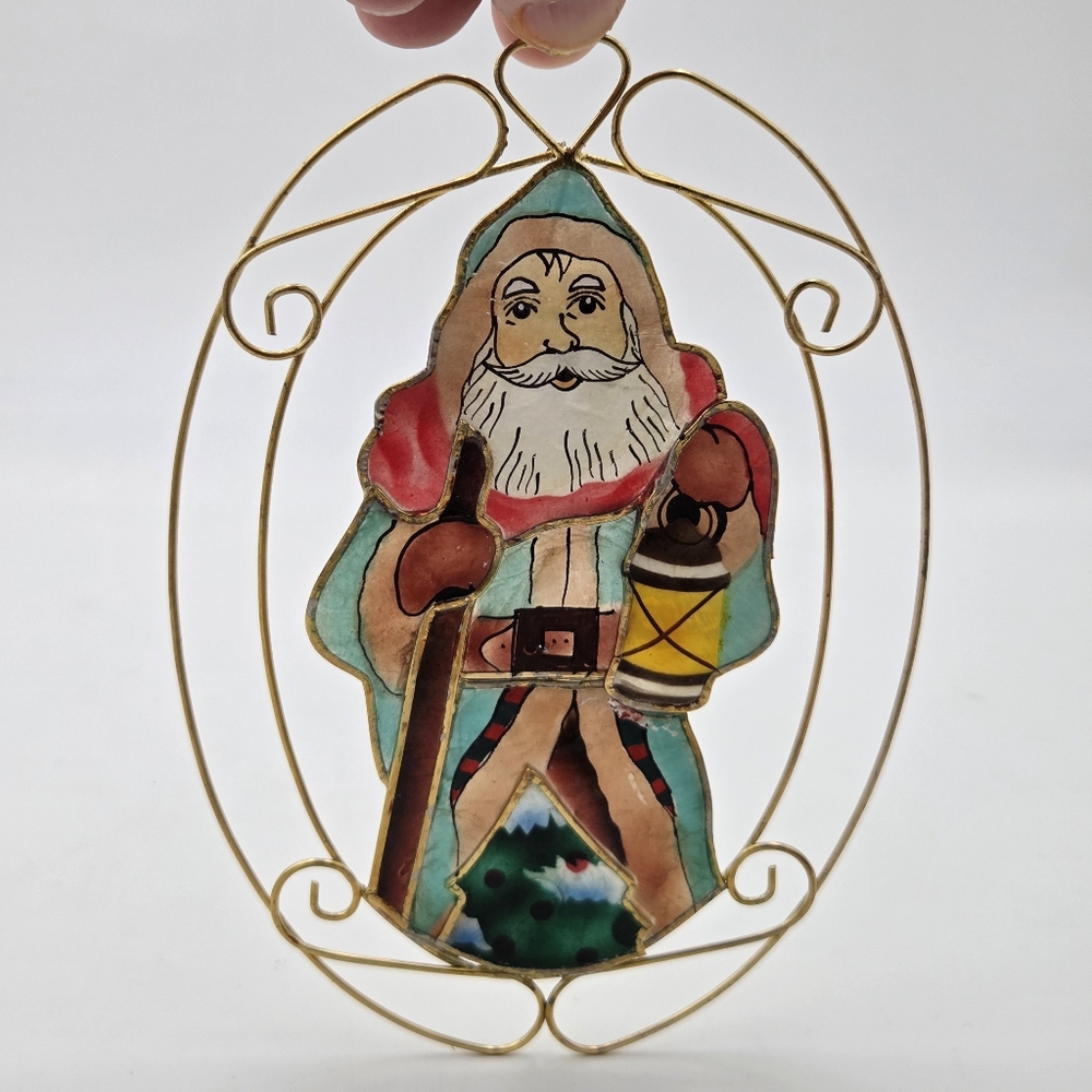 Vintage Capiz Shell Christmas Sun Catcher Ornament Santa Holiday Decor